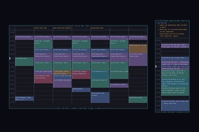 Mörk veckokalender med färgkodade tidsblock och detaljerad dagsvy